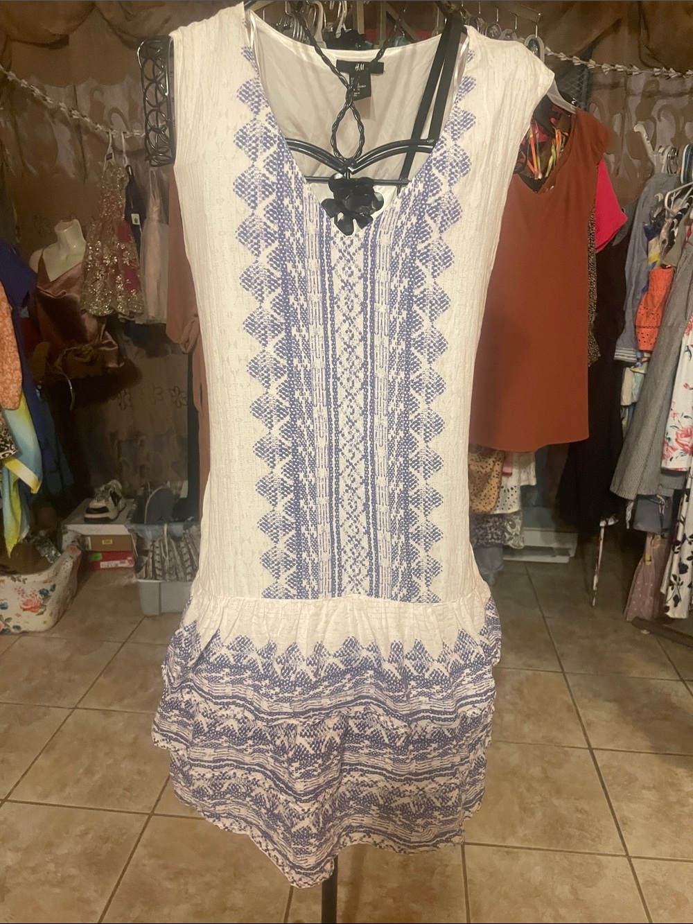 White & Blue  Drop-Waist Dress